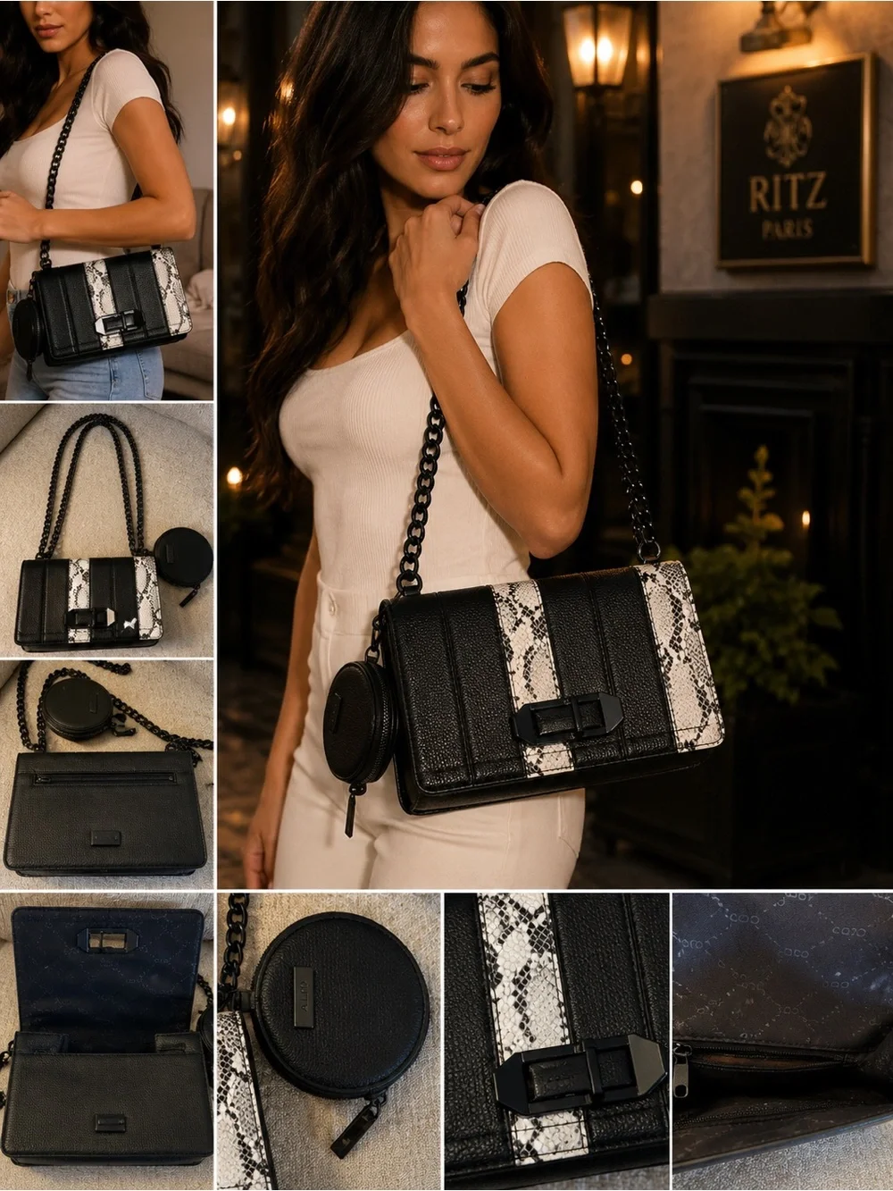 ALDO Black White Snake Print Crossbody Bag w/ Coin Pouch Matte Chain